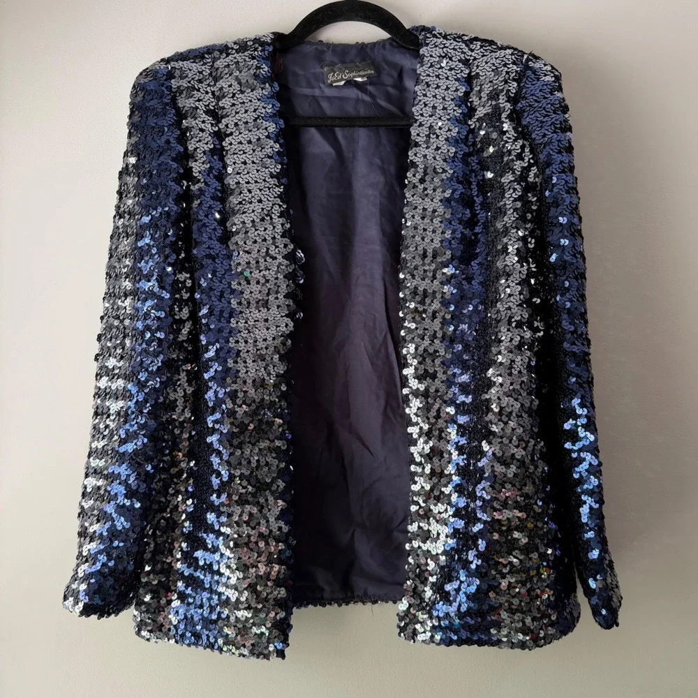 Jo-Ed‎ Sophisticates Sequin Jacket Womens Med Blue Silver Vintage 80s ILGWU USA